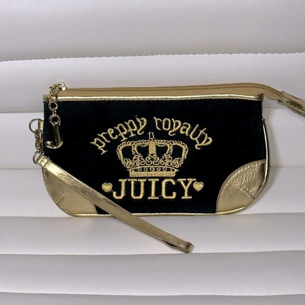 VTG Juicy Couture Wristlet / Wallet | Y2K Era Black Velour / Gold Metallic | GUC